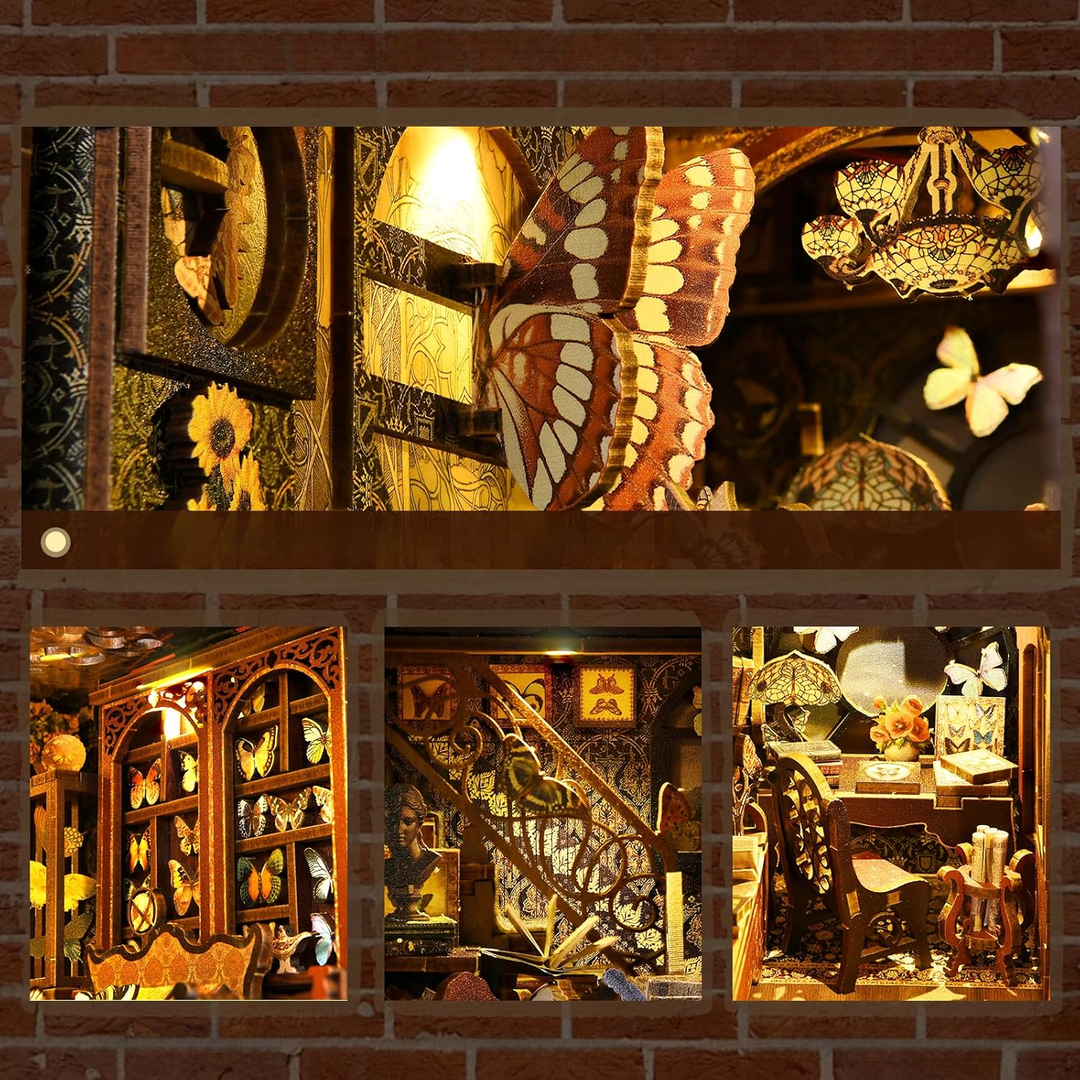 Booknook - Butterfly Collection Room, un kit créatif pour construire un diorama miniature. Parfait pour décorer une bibliothèque ou comme cadeau original pour un amoureux des livres. Par Nookette.