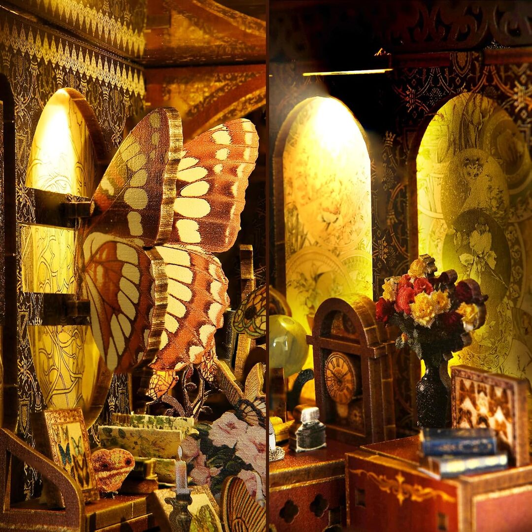 Booknook - Butterfly Collection Room, un kit créatif pour construire un diorama miniature. Parfait pour décorer une bibliothèque ou comme cadeau original pour un amoureux des livres. Par Nookette.