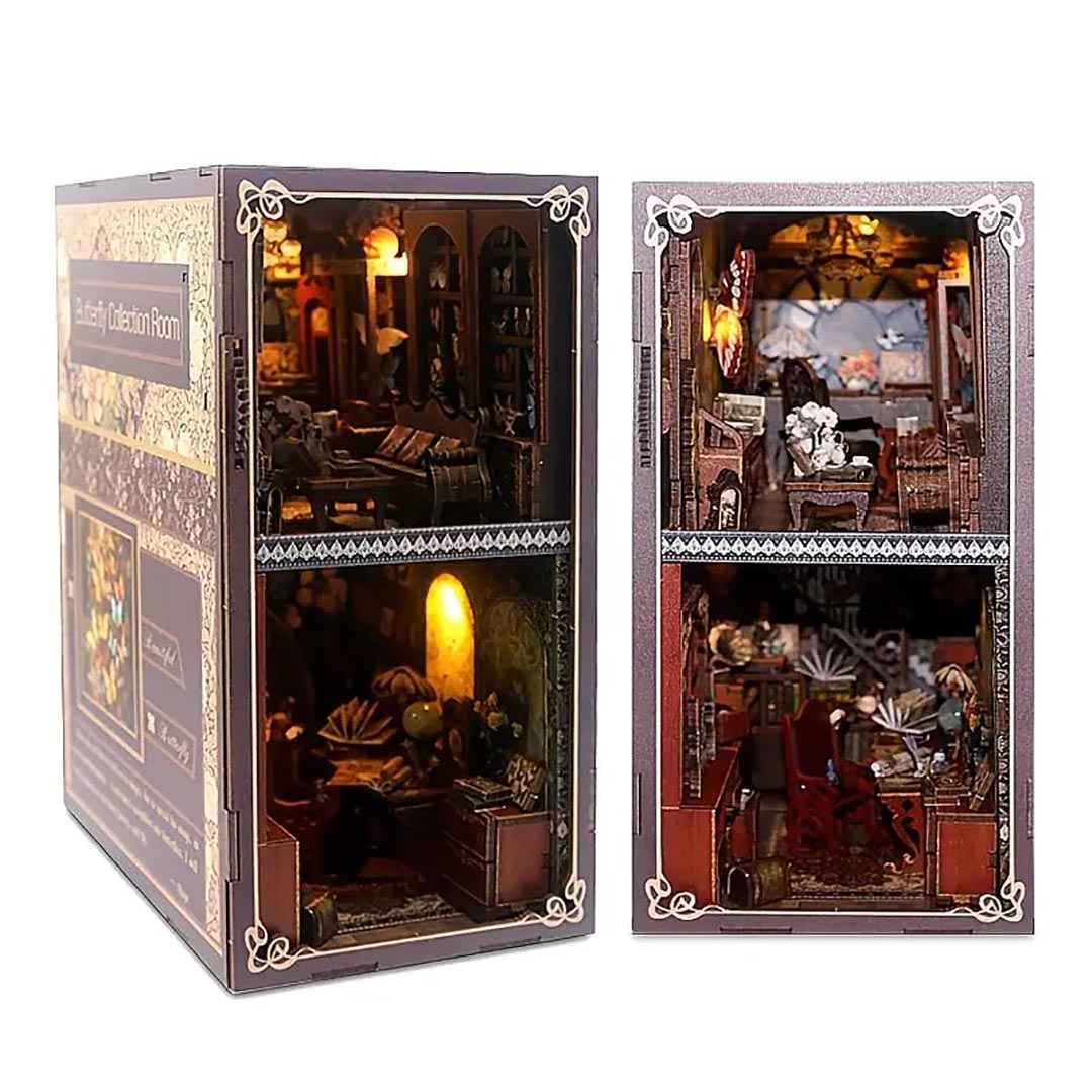Booknook - Butterfly Collection Room, un kit créatif pour construire un diorama miniature. Parfait pour décorer une bibliothèque ou comme cadeau original pour un amoureux des livres. Par Nookette.