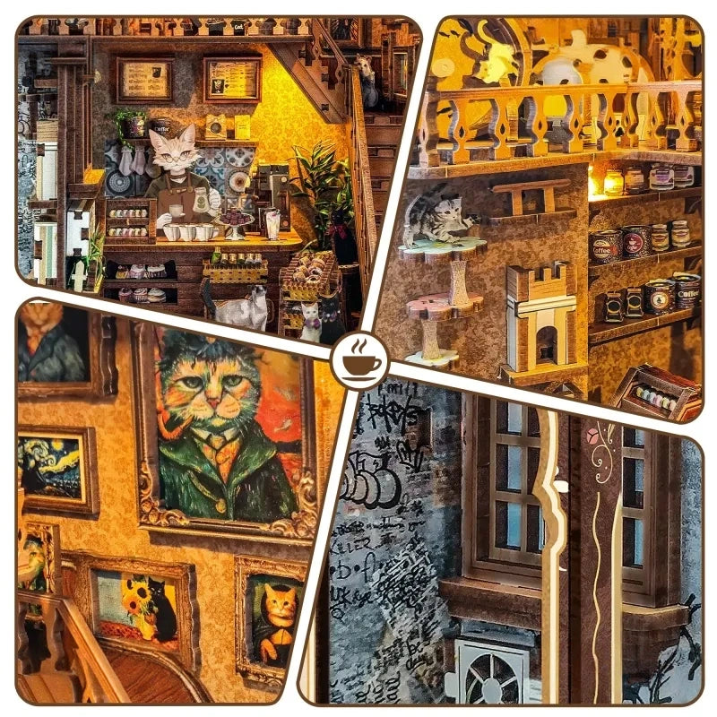 Booknook - Caramel Dreams Cat Café, un kit créatif pour construire un diorama miniature. Parfait pour décorer une bibliothèque ou comme cadeau original pour un amoureux des livres. Par Nookette.