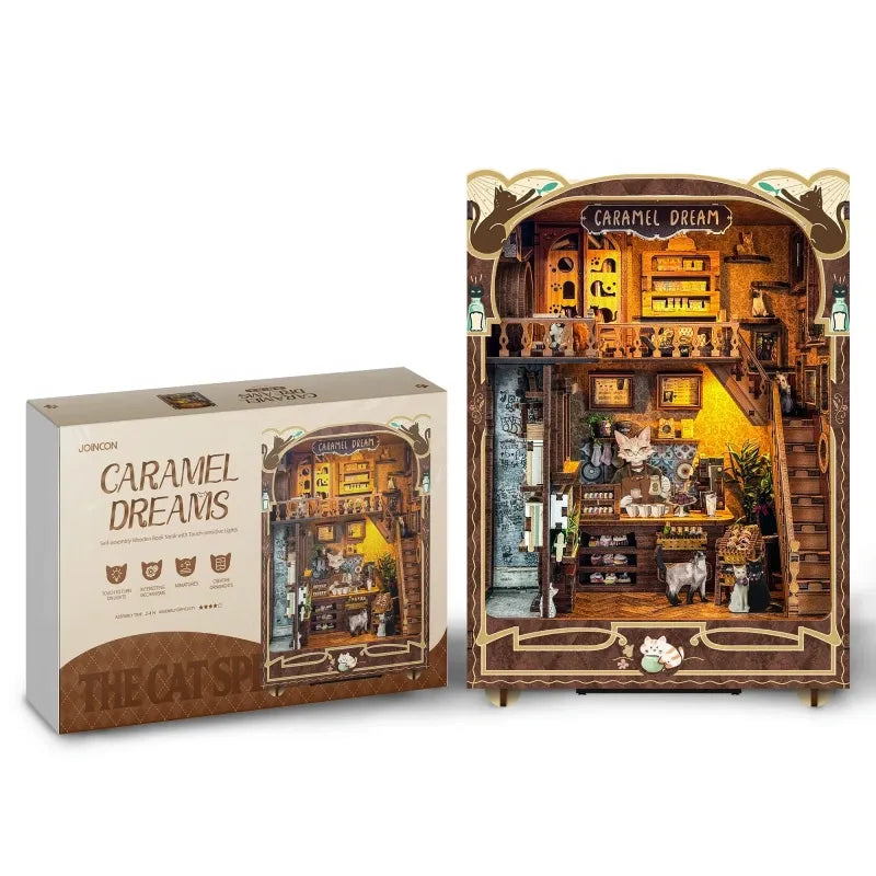 Booknook - Caramel Dreams Cat Café, un kit créatif pour construire un diorama miniature. Parfait pour décorer une bibliothèque ou comme cadeau original pour un amoureux des livres. Par Nookette.