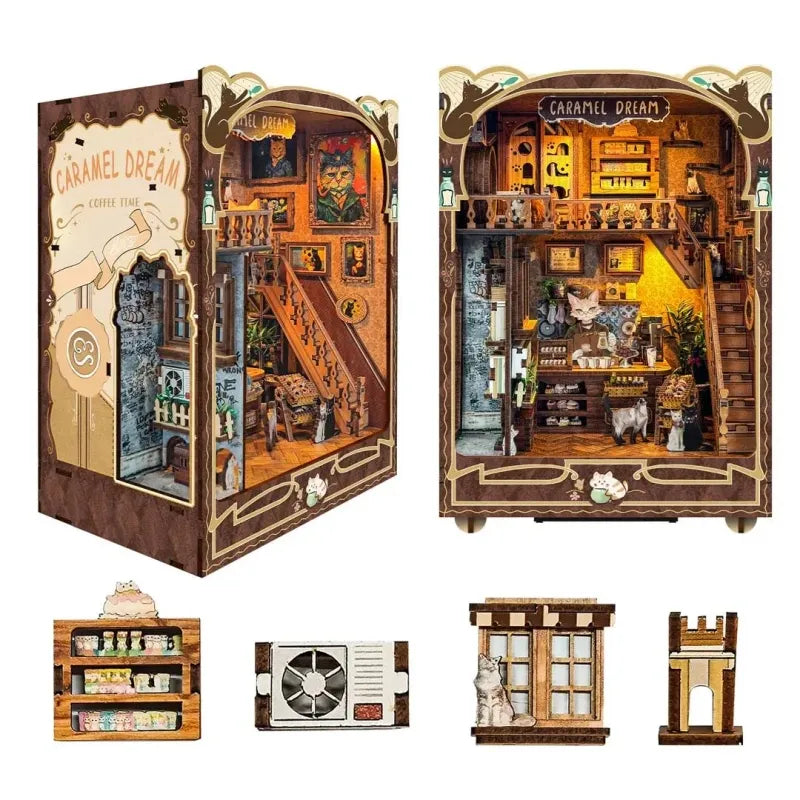 Booknook - Caramel Dreams Cat Café, un kit créatif pour construire un diorama miniature. Parfait pour décorer une bibliothèque ou comme cadeau original pour un amoureux des livres. Par Nookette.
