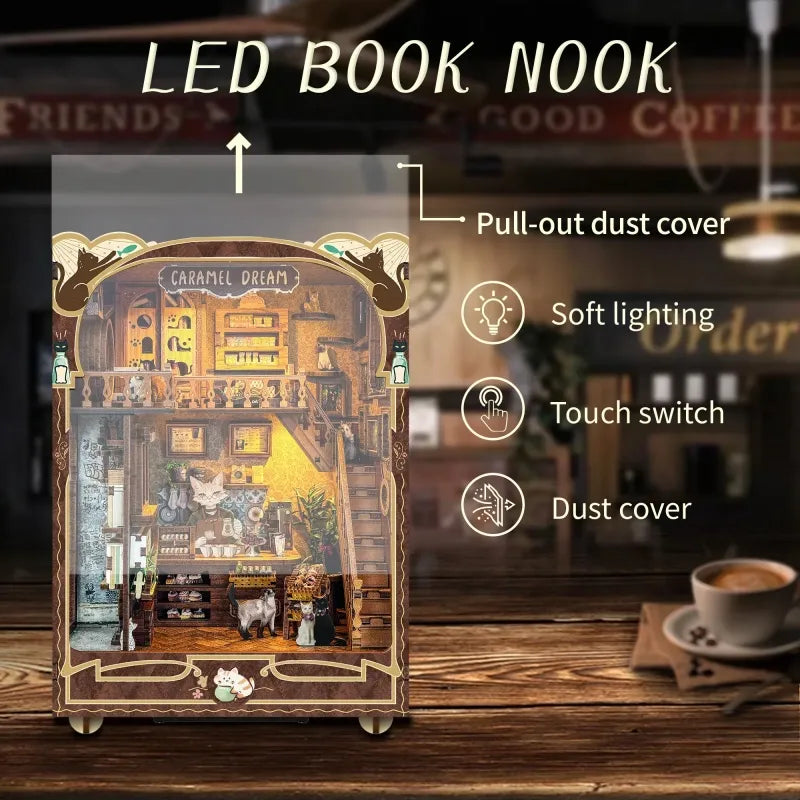 Booknook - Caramel Dreams Cat Café, un kit créatif pour construire un diorama miniature. Parfait pour décorer une bibliothèque ou comme cadeau original pour un amoureux des livres. Par Nookette.