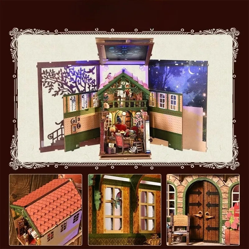 Book Nook - Cat Affairs Bureau, un kit créatif pour construire un diorama miniature. Parfait pour décorer une bibliothèque ou comme cadeau original pour un amoureux des livres. Par Nookette.