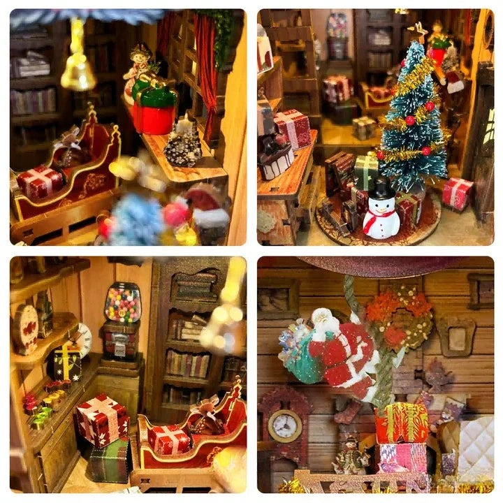 Book Nook - Christmas Jingle Cabin, un kit créatif pour construire un diorama miniature. Parfait pour décorer une bibliothèque ou comme cadeau original pour un amoureux des livres. Par Nookette.