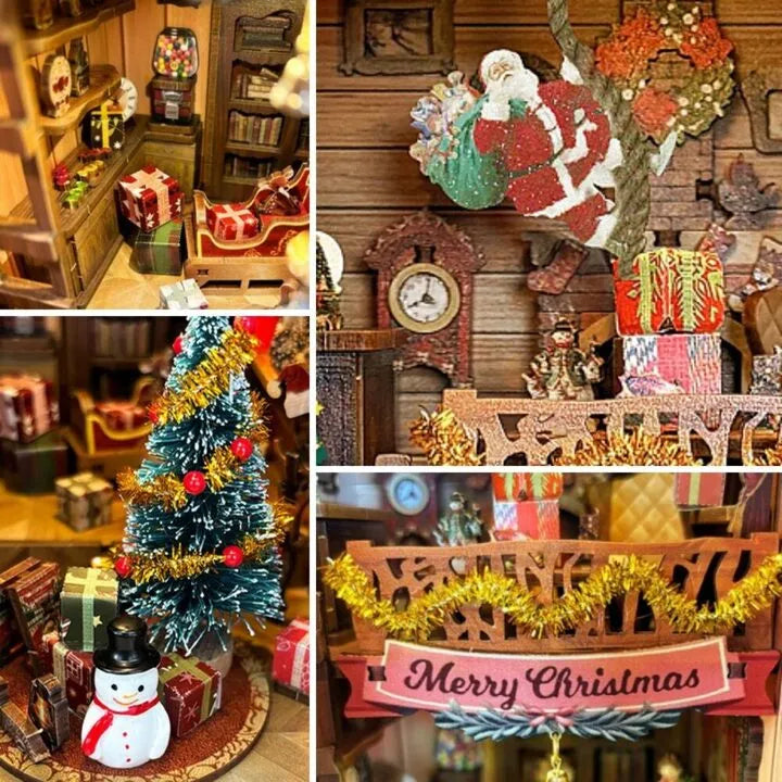 Book Nook - Christmas Jingle Cabin, un kit créatif pour construire un diorama miniature. Parfait pour décorer une bibliothèque ou comme cadeau original pour un amoureux des livres. Par Nookette.