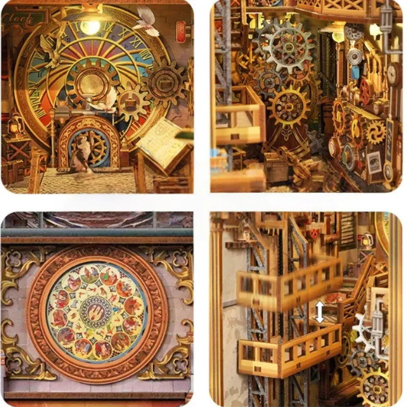 Book Nook - Clock Tower, un kit créatif pour construire un diorama miniature. Parfait pour décorer une bibliothèque ou comme cadeau original pour un amoureux des livres. Par Nookette.