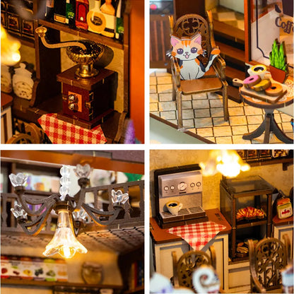 Book Nook - Coffee House, un kit créatif pour construire un diorama miniature. Parfait pour décorer une bibliothèque ou comme cadeau original pour un amoureux des livres. Par Nookette.