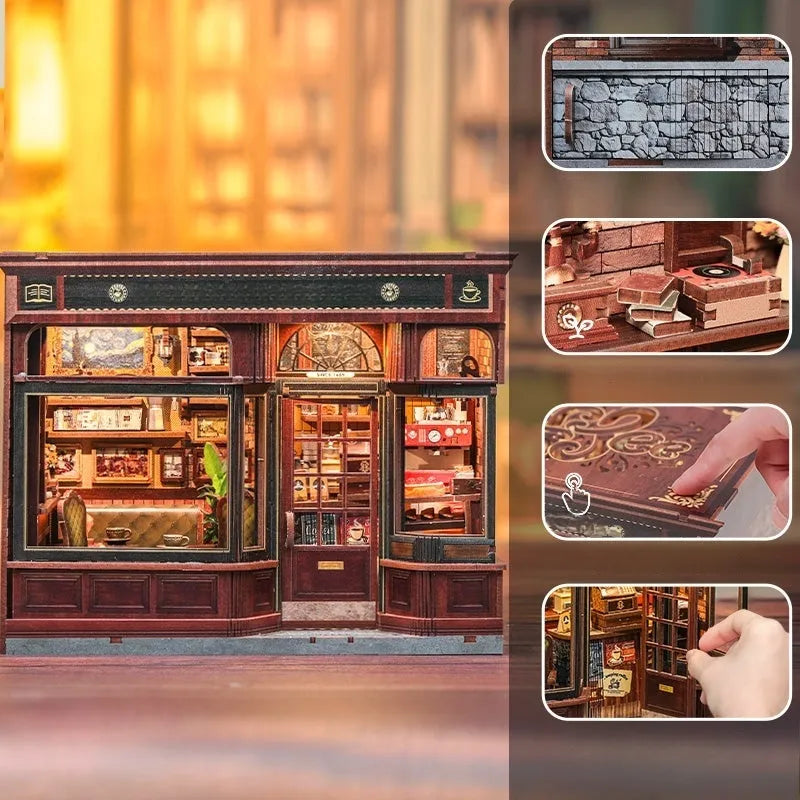 Maison Miniature - Corner Coffee Shop, un kit créatif pour construire un diorama miniature. Parfait pour décorer une bibliothèque ou comme cadeau original pour un amoureux des livres. Par Nookette.