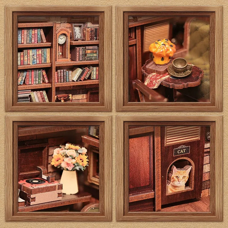 Maison Miniature - Corner Coffee Shop, un kit créatif pour construire un diorama miniature. Parfait pour décorer une bibliothèque ou comme cadeau original pour un amoureux des livres. Par Nookette.