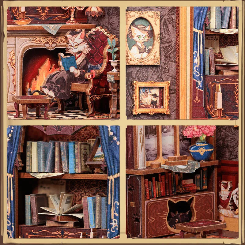 Book Nook - Count Cat's Study, un kit créatif pour construire un diorama miniature. Parfait pour décorer une bibliothèque ou comme cadeau original pour un amoureux des livres. Par Nookette.