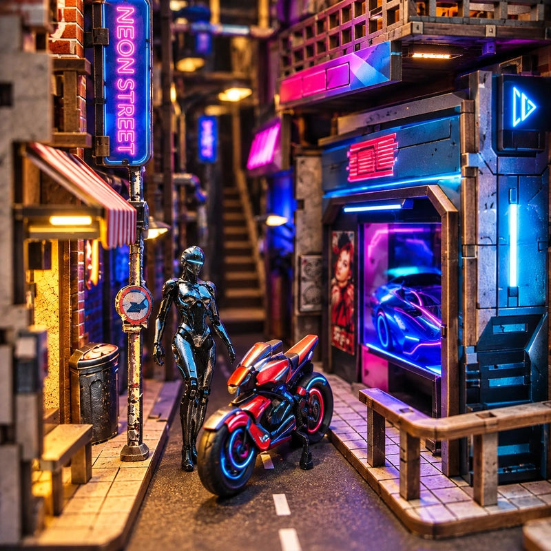 Une moto rouge et noire occupe le premier plan, devant les façades et les panneaux aux accents bleus et violets. La chaussée guide le regard vers le fond.