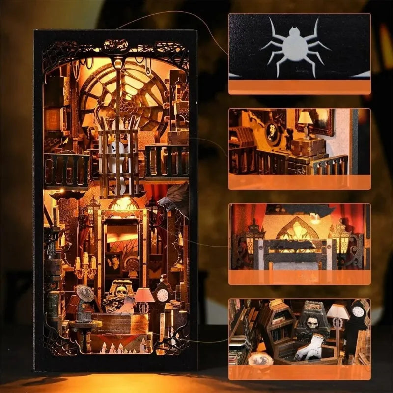 Book Nook - Dark Family, un kit créatif pour construire un diorama miniature. Parfait pour décorer une bibliothèque ou comme cadeau original pour un amoureux des livres. Par Nookette.
