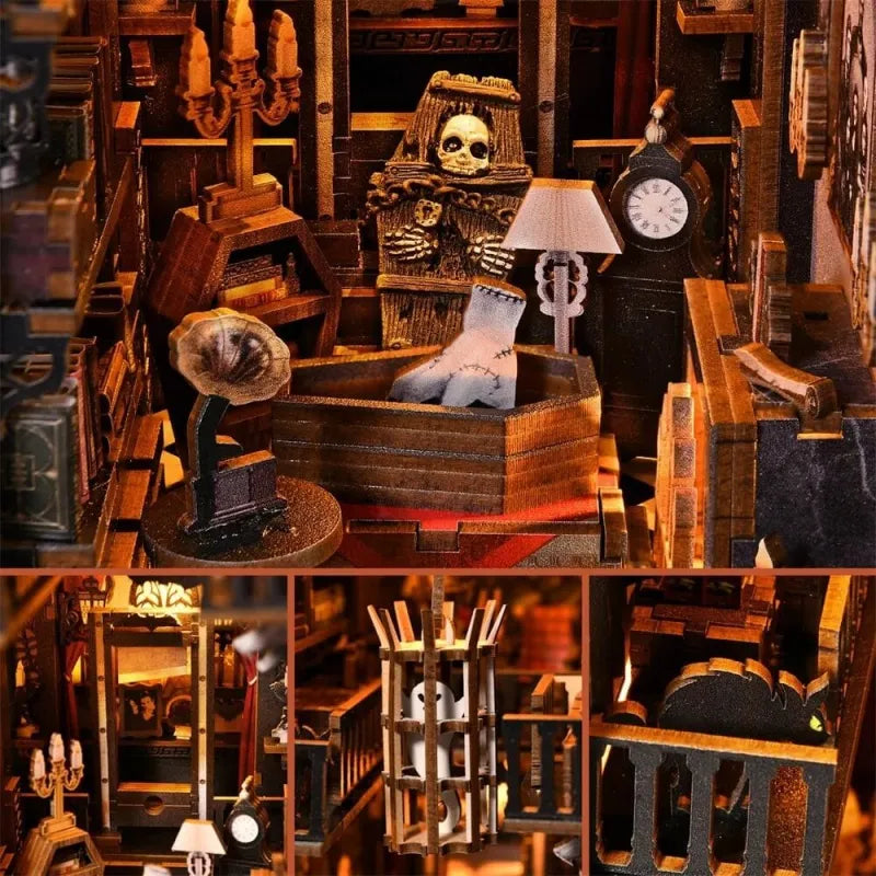 Book Nook - Dark Family, un kit créatif pour construire un diorama miniature. Parfait pour décorer une bibliothèque ou comme cadeau original pour un amoureux des livres. Par Nookette.