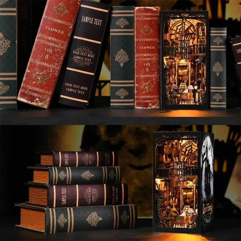 Book Nook - Dark Family, un kit créatif pour construire un diorama miniature. Parfait pour décorer une bibliothèque ou comme cadeau original pour un amoureux des livres. Par Nookette.