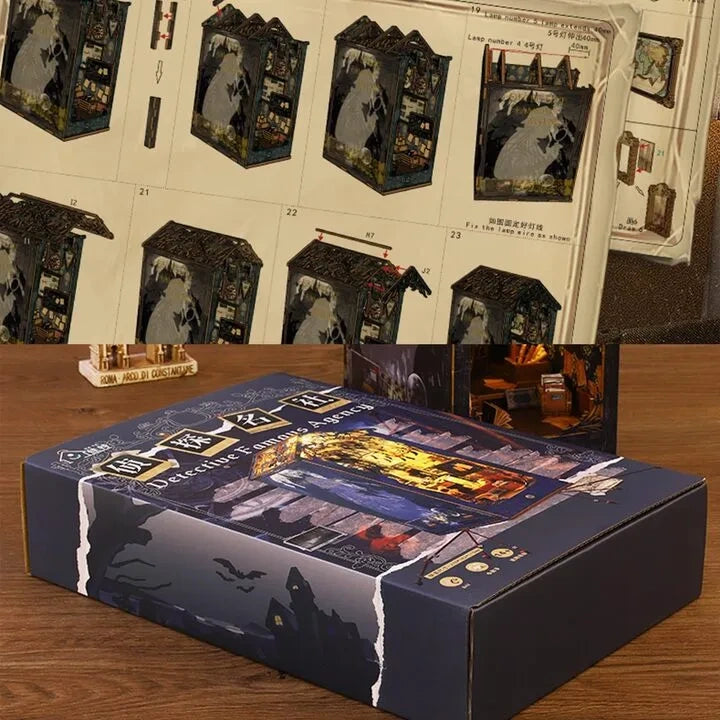 Book Nook - Detective Agency, un kit créatif pour construire un diorama miniature. Parfait pour décorer une bibliothèque ou comme cadeau original pour un amoureux des livres. Par Nookette.