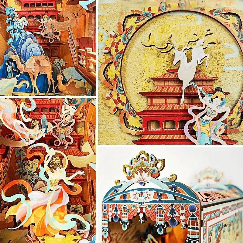 Booknook - Dunhuang Dance, un kit créatif pour construire un diorama miniature. Parfait pour décorer une bibliothèque ou comme cadeau original pour un amoureux des livres. Par Nookette.