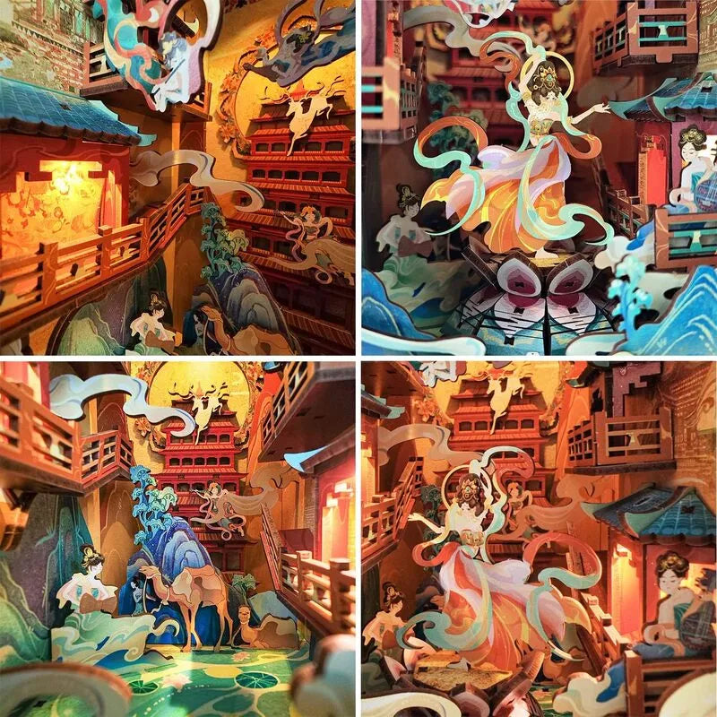 Booknook - Dunhuang Dance, un kit créatif pour construire un diorama miniature. Parfait pour décorer une bibliothèque ou comme cadeau original pour un amoureux des livres. Par Nookette.