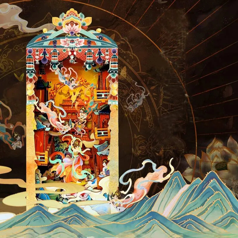 Booknook - Dunhuang Dance, un kit créatif pour construire un diorama miniature. Parfait pour décorer une bibliothèque ou comme cadeau original pour un amoureux des livres. Par Nookette.
