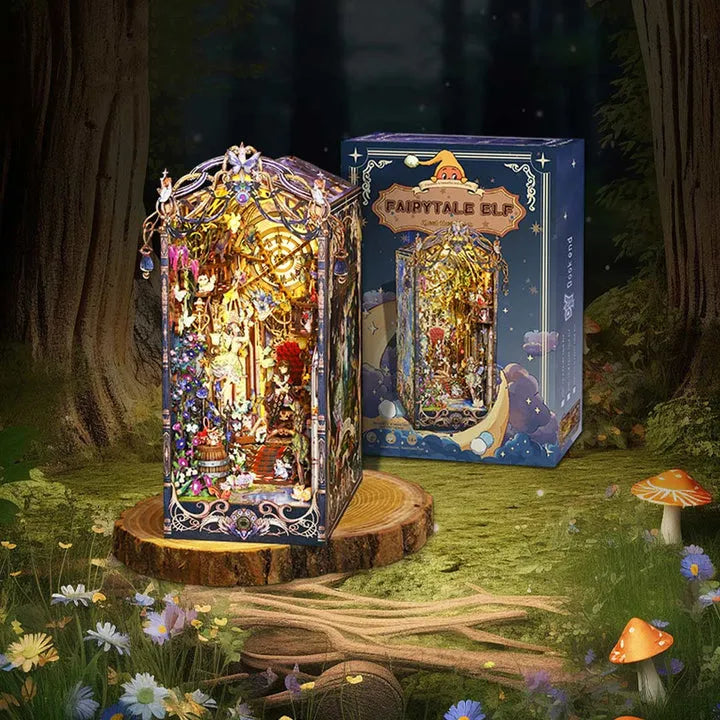 Book Nook - Fairytale Elf, un kit créatif pour construire un diorama miniature. Parfait pour décorer une bibliothèque ou comme cadeau original pour un amoureux des livres. Par Nookette.