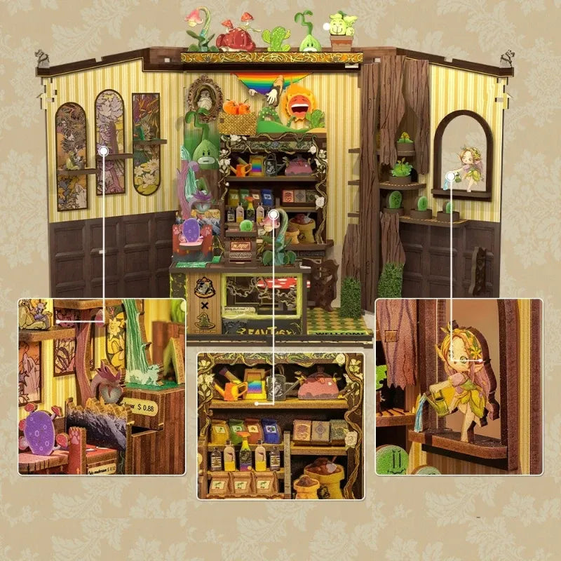 Book Nook - Fantacy Plant Shop, un kit créatif pour construire un diorama miniature. Parfait pour décorer une bibliothèque ou comme cadeau original pour un amoureux des livres. Par Nookette.