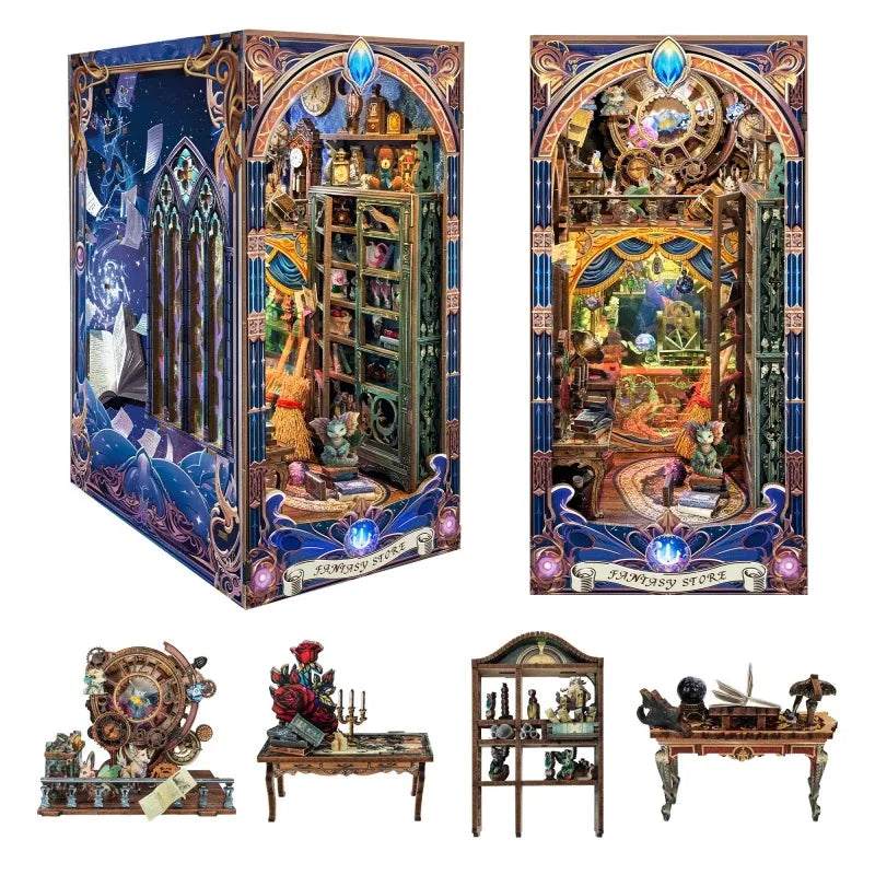 Book Nook - Fantasy Store, un kit créatif pour construire un diorama miniature. Parfait pour décorer une bibliothèque ou comme cadeau original pour un amoureux des livres. Par Nookette.