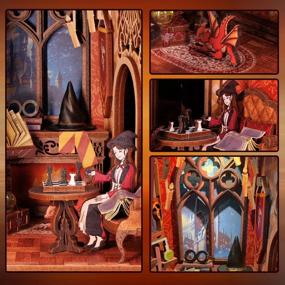 Book Nooks - Flame Common Room, un kit créatif pour construire un diorama miniature. Parfait pour décorer une bibliothèque ou comme cadeau original pour un amoureux des livres. Par Nookette.