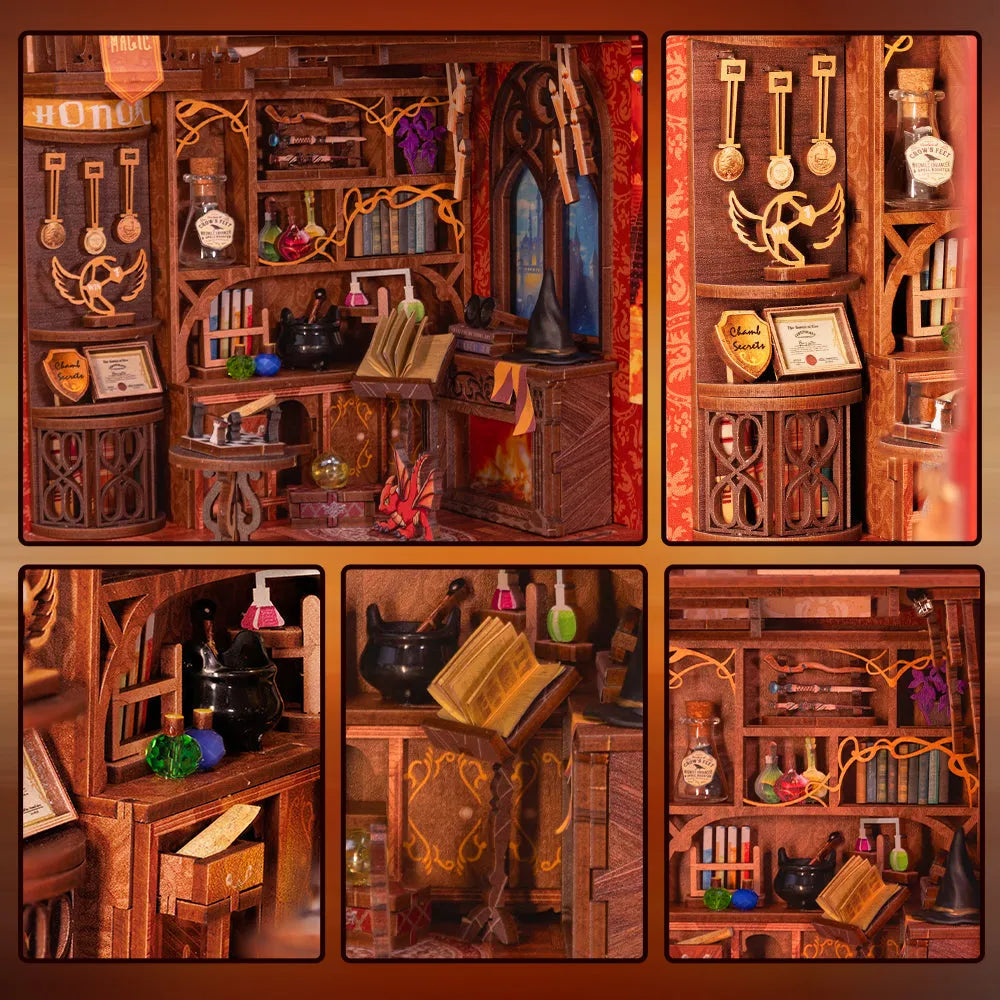 Book Nooks - Flame Common Room, un kit créatif pour construire un diorama miniature. Parfait pour décorer une bibliothèque ou comme cadeau original pour un amoureux des livres. Par Nookette.