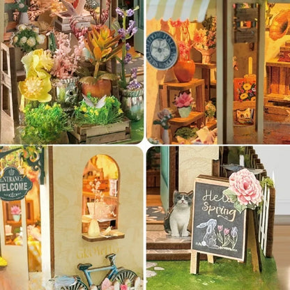 Book Nook - Florist's On Spring Island, un kit créatif pour construire un diorama miniature. Parfait pour décorer une bibliothèque ou comme cadeau original pour un amoureux des livres. Par Nookette.