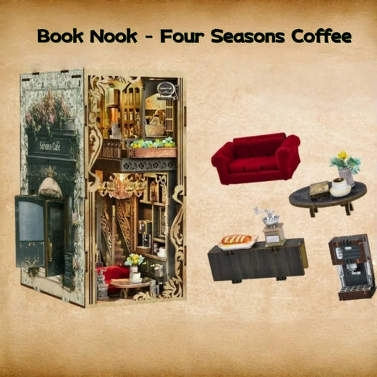 Book Nook - Four Seasons Coffee, un kit créatif pour construire un diorama miniature. Parfait pour décorer une bibliothèque ou comme cadeau original pour un amoureux des livres. Par Nookette.