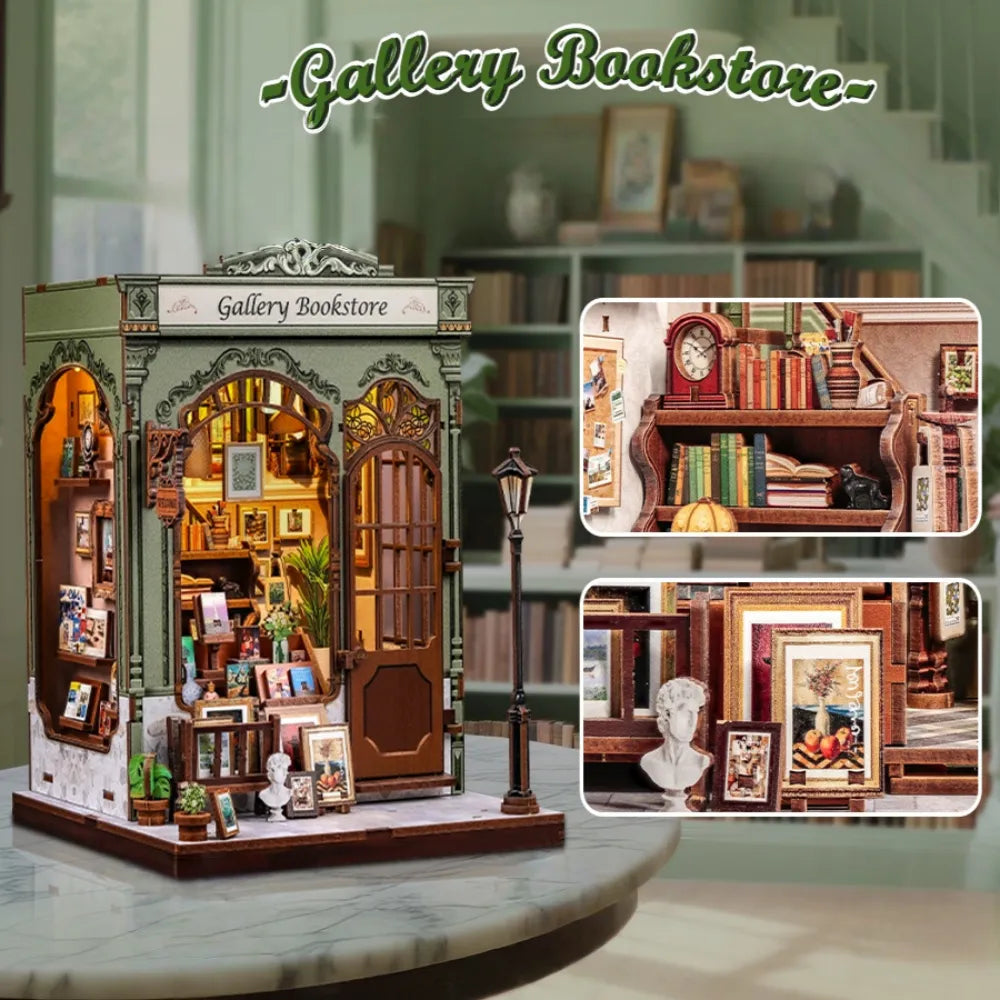 Book Nook - Gallery Bookstore, un kit créatif pour construire un diorama miniature. Parfait pour décorer une bibliothèque ou comme cadeau original pour un amoureux des livres. Par Nookette.