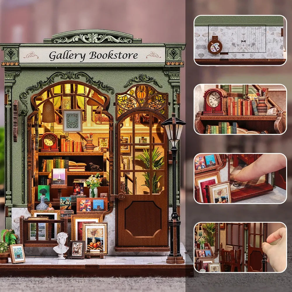 Book Nook - Gallery Bookstore, un kit créatif pour construire un diorama miniature. Parfait pour décorer une bibliothèque ou comme cadeau original pour un amoureux des livres. Par Nookette.