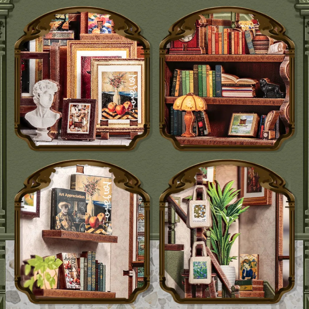 Book Nook - Gallery Bookstore, un kit créatif pour construire un diorama miniature. Parfait pour décorer une bibliothèque ou comme cadeau original pour un amoureux des livres. Par Nookette.