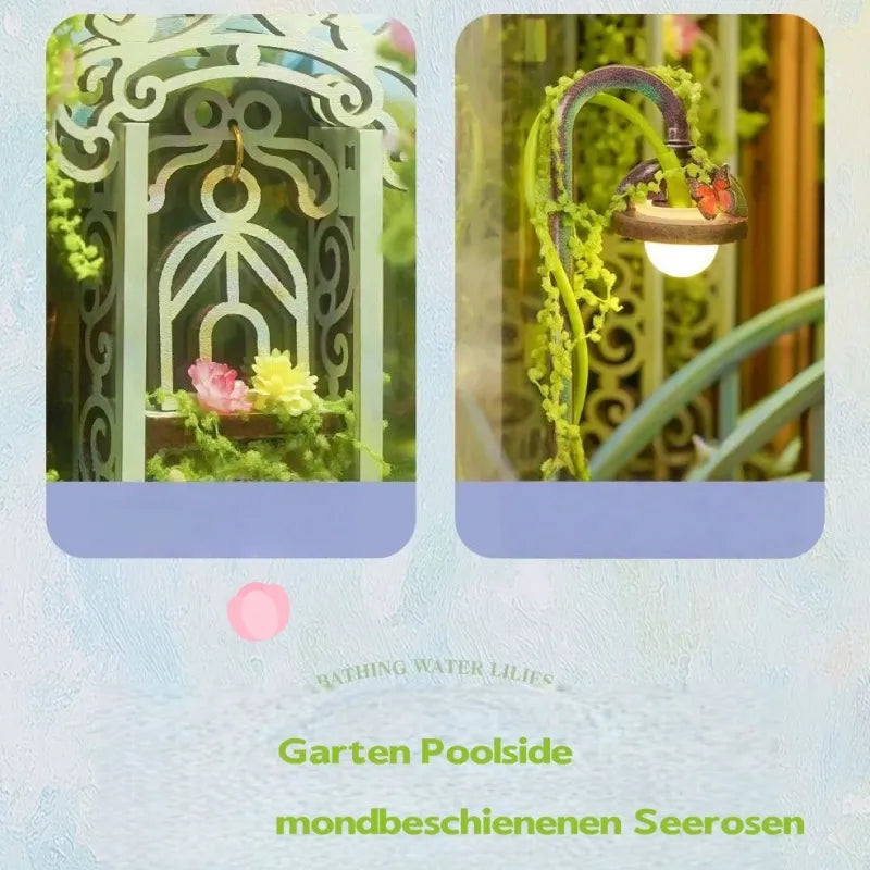 Book Nook - Giverny Garden, un kit créatif pour construire un diorama miniature. Parfait pour décorer une bibliothèque ou comme cadeau original pour un amoureux des livres. Par Nookette.