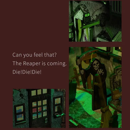 Booknook - Halloween Alley, un kit créatif pour construire un diorama miniature. Parfait pour décorer une bibliothèque ou comme cadeau original pour un amoureux des livres. Par Nookette.
