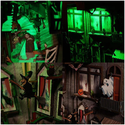 Booknook - Halloween Alley, un kit créatif pour construire un diorama miniature. Parfait pour décorer une bibliothèque ou comme cadeau original pour un amoureux des livres. Par Nookette.