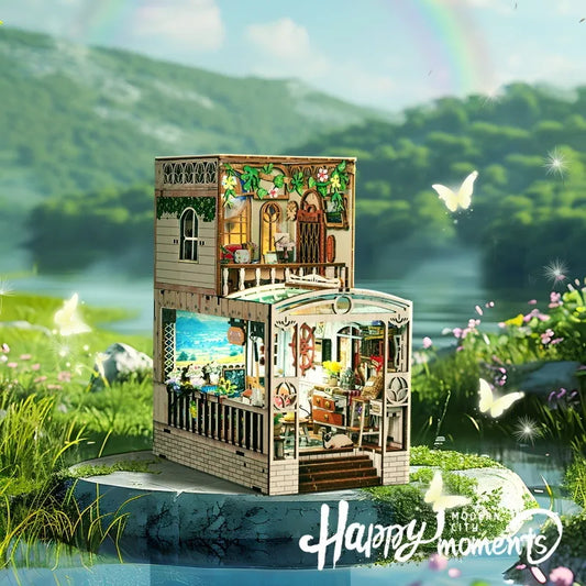 Book Nook - Happy Moments, un kit créatif pour construire un diorama miniature. Parfait pour décorer une bibliothèque ou comme cadeau original pour un amoureux des livres. Par Nookette.