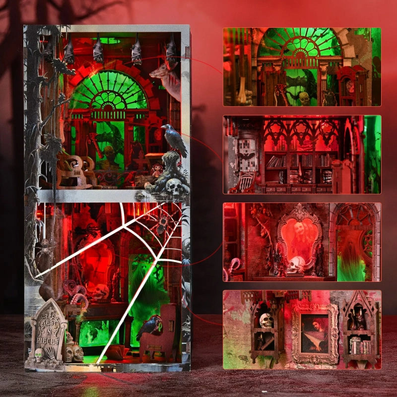 Book Nook - Haunted Mansion, un kit créatif pour construire un diorama miniature. Parfait pour décorer une bibliothèque ou comme cadeau original pour un amoureux des livres. Par Nookette.