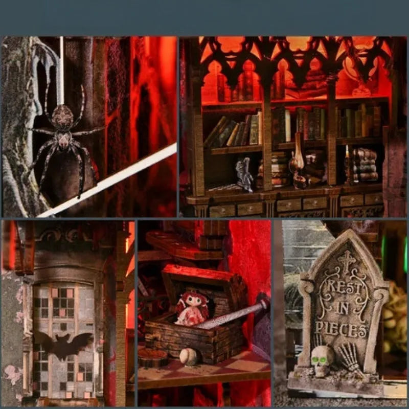 Book Nook - Haunted Mansion, un kit créatif pour construire un diorama miniature. Parfait pour décorer une bibliothèque ou comme cadeau original pour un amoureux des livres. Par Nookette.