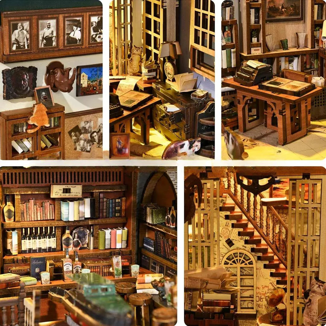 Book Nook - Hemingway House, un kit créatif pour construire un diorama miniature. Parfait pour décorer une bibliothèque ou comme cadeau original pour un amoureux des livres. Par Nookette.