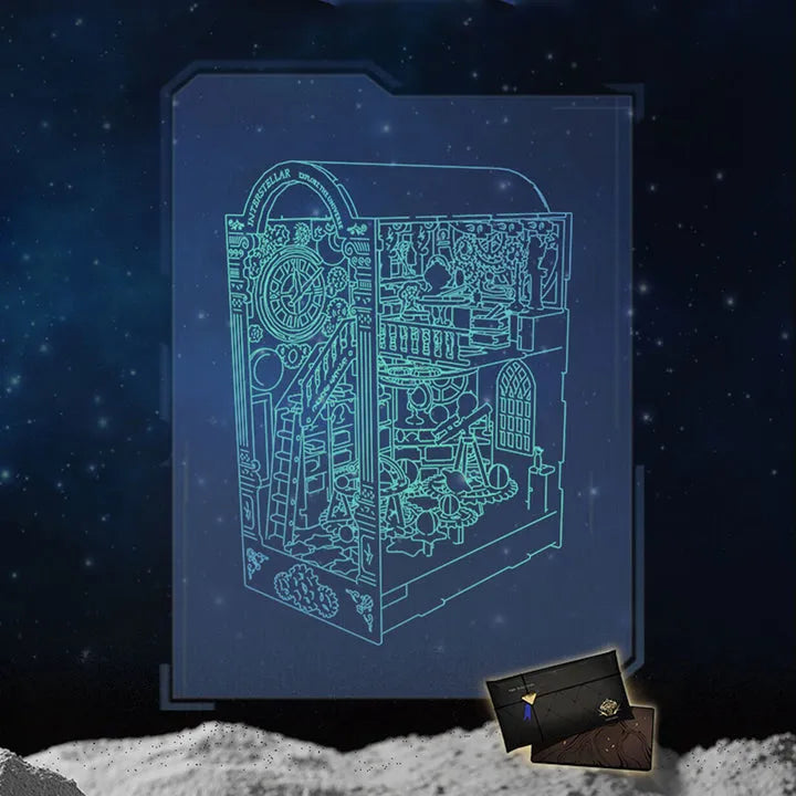 Book Nook - Interstellar Exploration, un kit créatif pour construire un diorama miniature. Parfait pour décorer une bibliothèque ou comme cadeau original pour un amoureux des livres. Par Nookette.