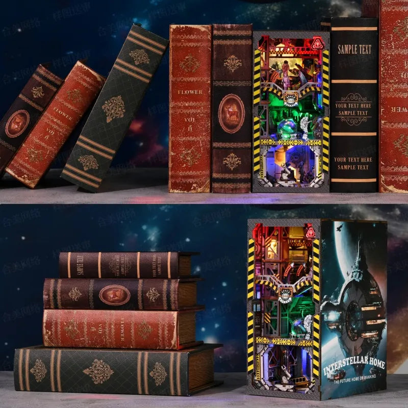 Book Nook - Interstellar Home, un kit créatif pour construire un diorama miniature. Parfait pour décorer une bibliothèque ou comme cadeau original pour un amoureux des livres. Par Nookette.