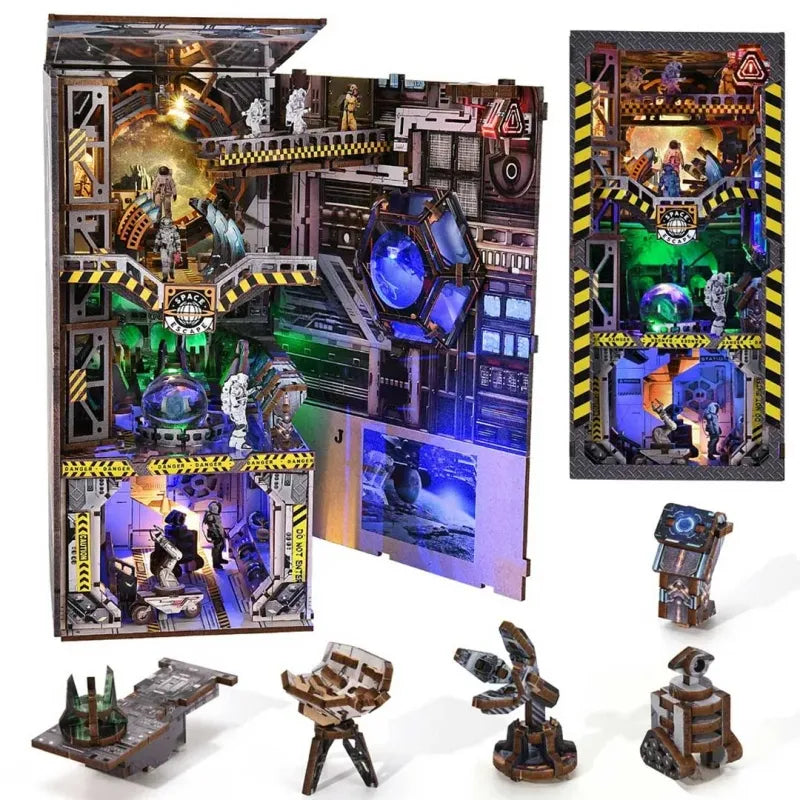 Book Nook - Interstellar Home, un kit créatif pour construire un diorama miniature. Parfait pour décorer une bibliothèque ou comme cadeau original pour un amoureux des livres. Par Nookette.