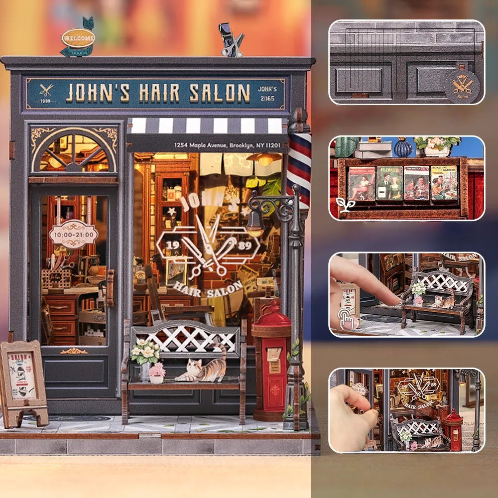 Book Nook - John's Hair Salon, un kit créatif pour construire un diorama miniature. Parfait pour décorer une bibliothèque ou comme cadeau original pour un amoureux des livres. Par Nookette.