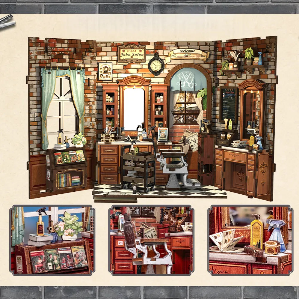 Book Nook - John's Hair Salon, un kit créatif pour construire un diorama miniature. Parfait pour décorer une bibliothèque ou comme cadeau original pour un amoureux des livres. Par Nookette.