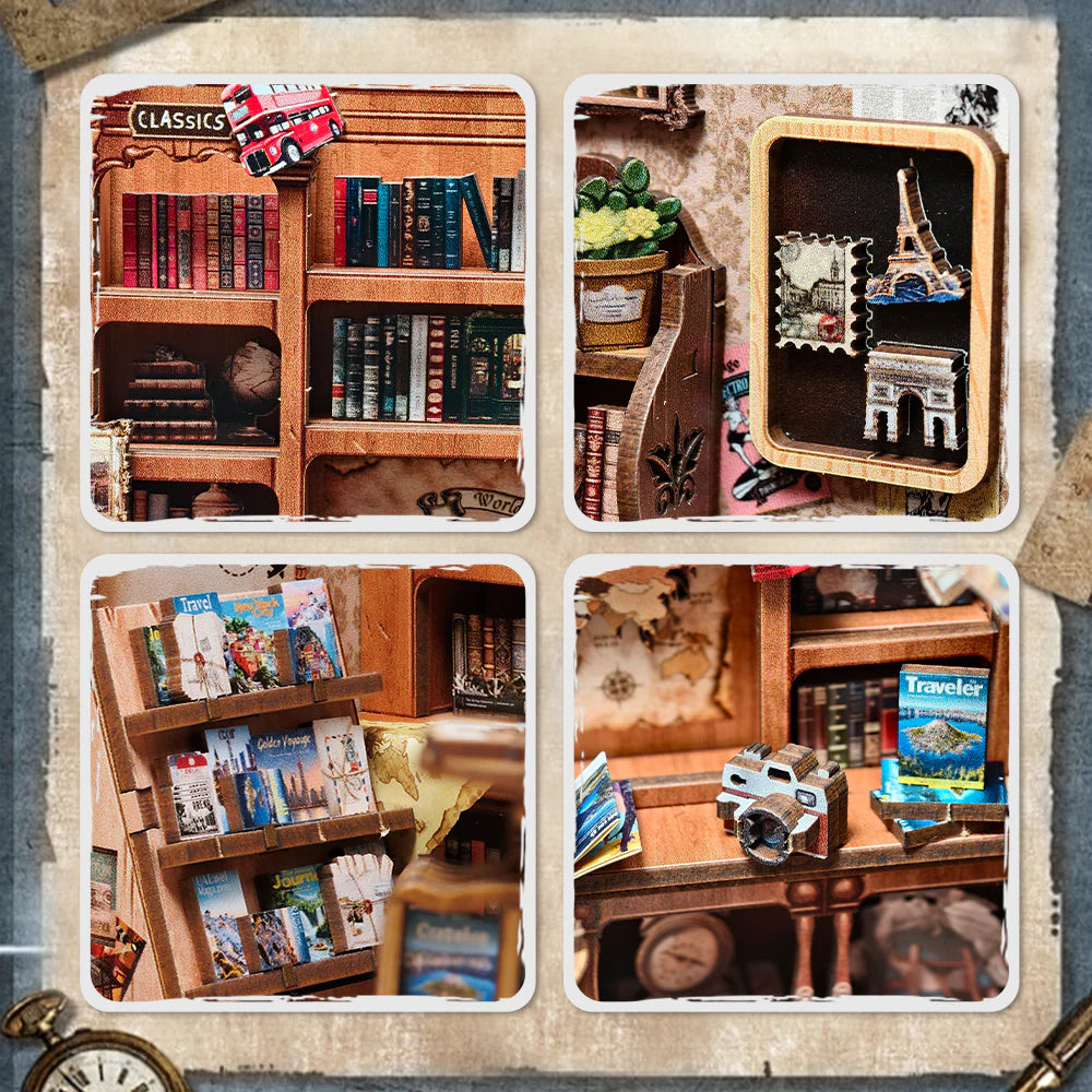 Book Nook - Journey Trace Bookshop, un kit créatif pour construire un diorama miniature. Parfait pour décorer une bibliothèque ou comme cadeau original pour un amoureux des livres. Par Nookette.