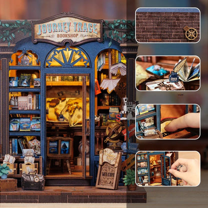 Book Nook - Journey Trace Bookshop, un kit créatif pour construire un diorama miniature. Parfait pour décorer une bibliothèque ou comme cadeau original pour un amoureux des livres. Par Nookette.