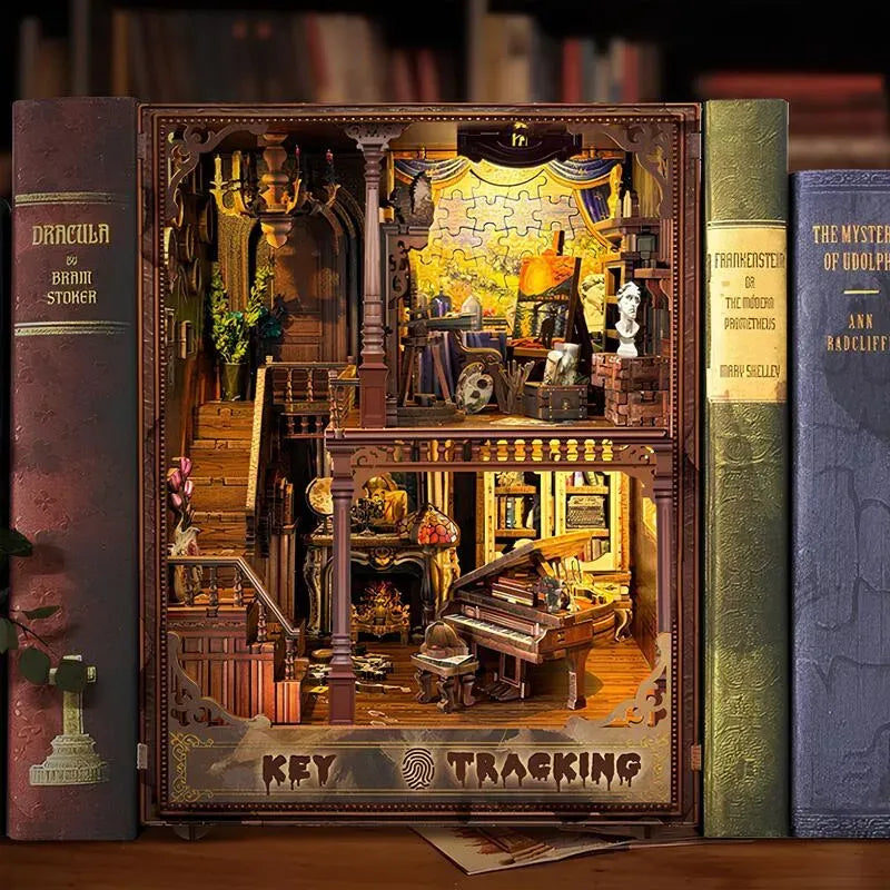 Book Nook - Key Tracking, un kit créatif pour construire un diorama miniature. Parfait pour décorer une bibliothèque ou comme cadeau original pour un amoureux des livres. Par Nookette.