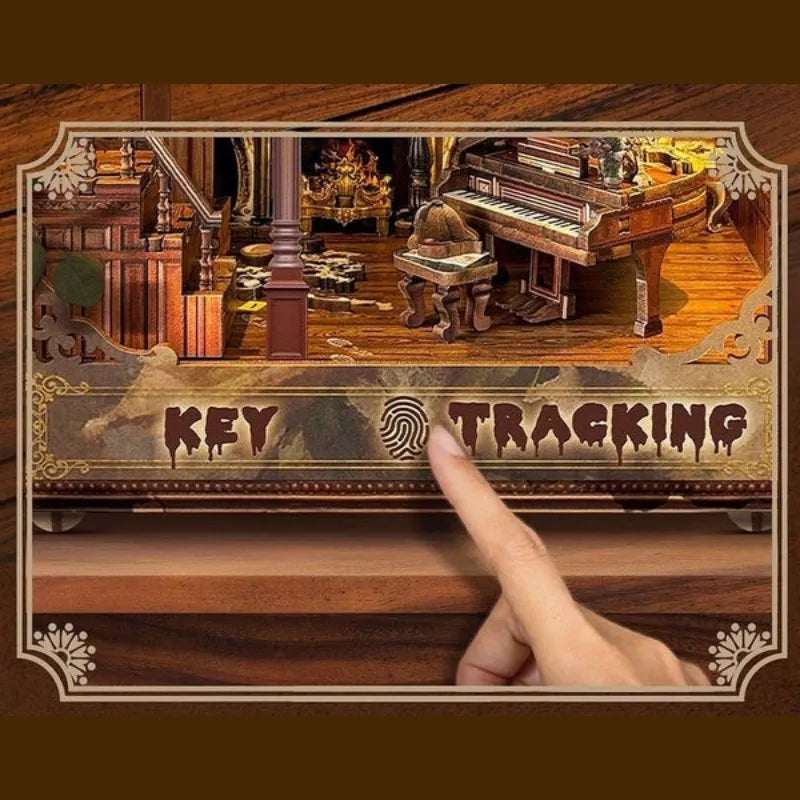 Book Nook - Key Tracking, un kit créatif pour construire un diorama miniature. Parfait pour décorer une bibliothèque ou comme cadeau original pour un amoureux des livres. Par Nookette.