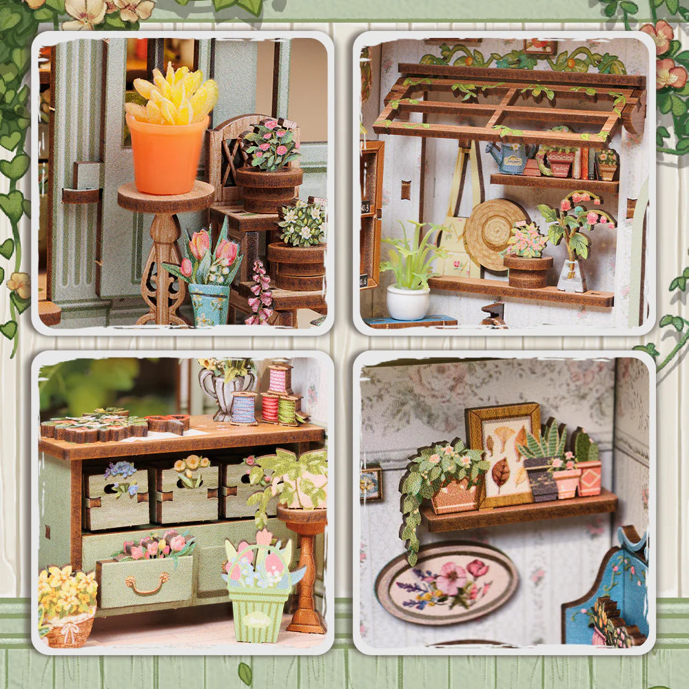 Book Nook - Champs Élysées Florist, un kit créatif pour construire un diorama miniature. Parfait pour décorer une bibliothèque ou comme cadeau original pour un amoureux des livres. Par Nookette.